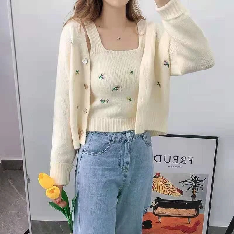 

Two-piece Embroidered Flower Sweaters 2021 Autumn Casual Korean Women's Wear V-neck Slim-fit Two-pieces Knitted Sweater Cardigan