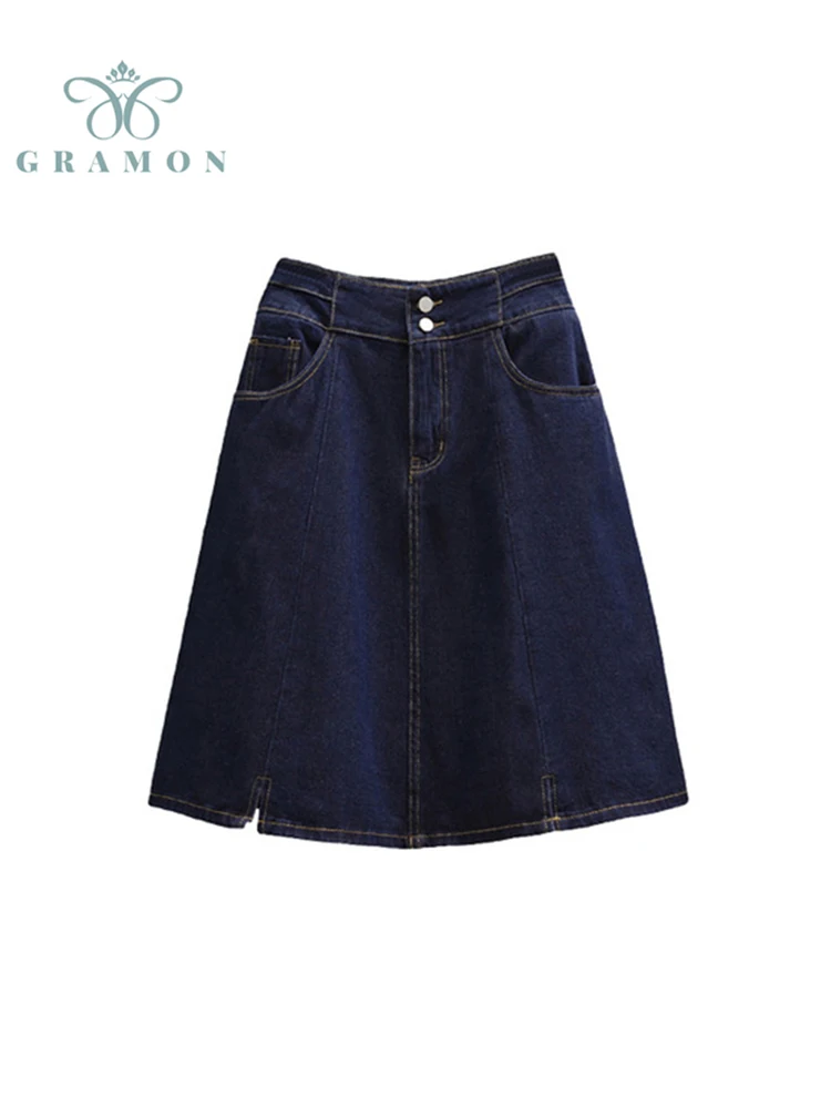 

2022 Spring New Women's Preppy Style Denim Skirt Vintage High Waist Oversize Jeans Skirt Female Side Split A-line Loose Jupe