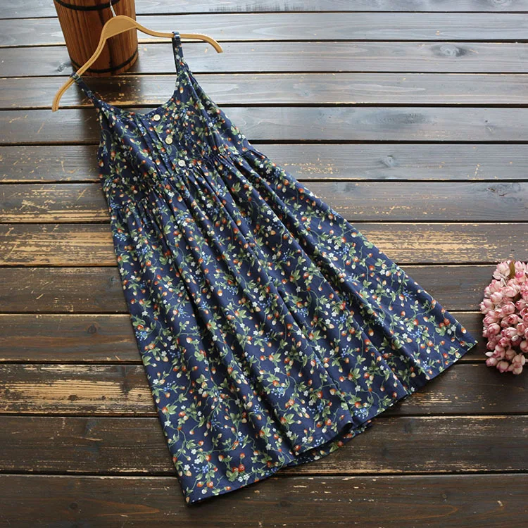 

2964New Summer Women's Floral Skirt Mid-Waist Elegant Printed Cotton Strap off-Shoulder Dress