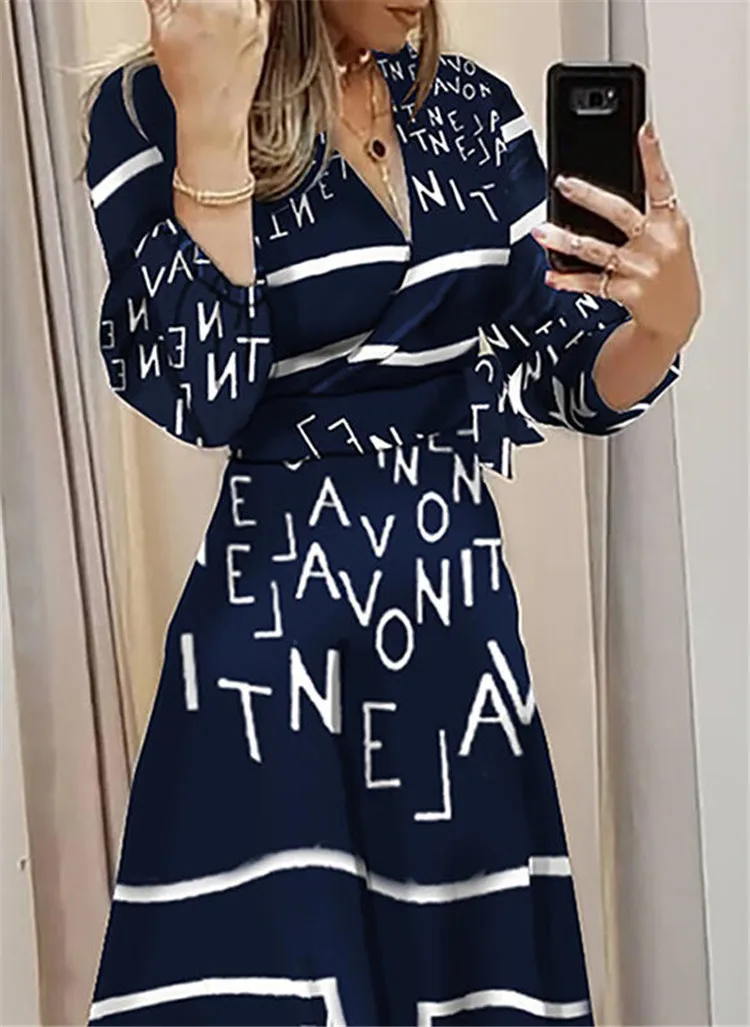 

New Boho Half Sleeve Letter Printed Long Dress Women Elegant Vintage V Collar Autumn Cross Dress Plus Size S-XXXL