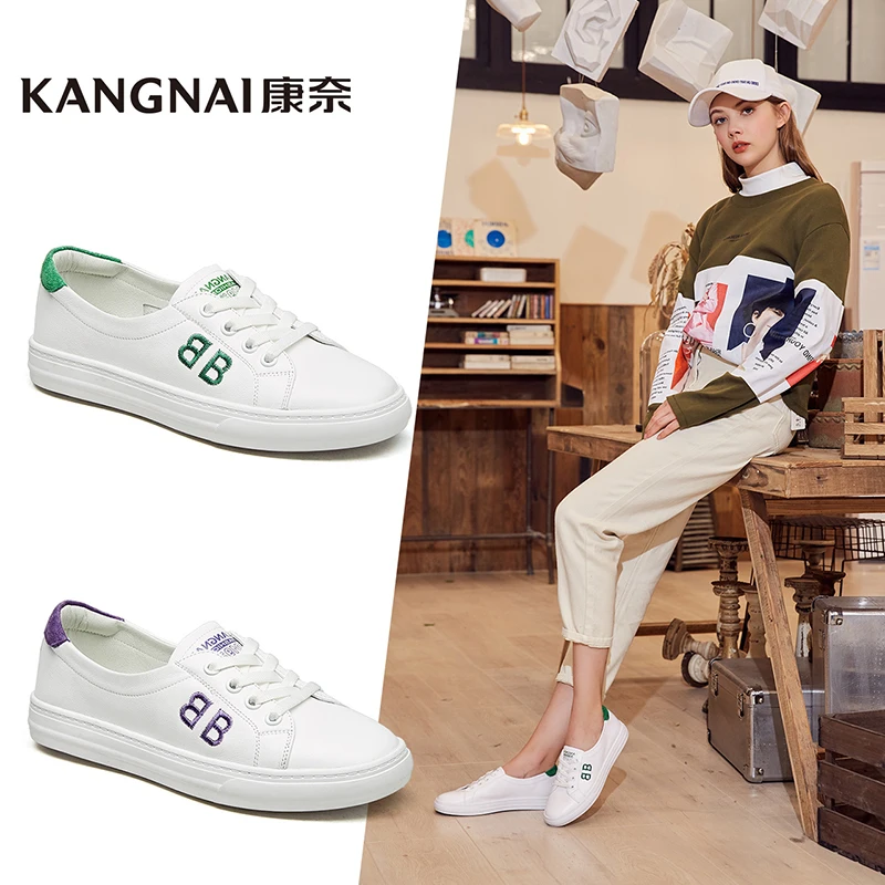 

KANGNAI Women's Shoes Flats Embroider Casual Woman Shoes White Sneaker Genuine Leather Shoes