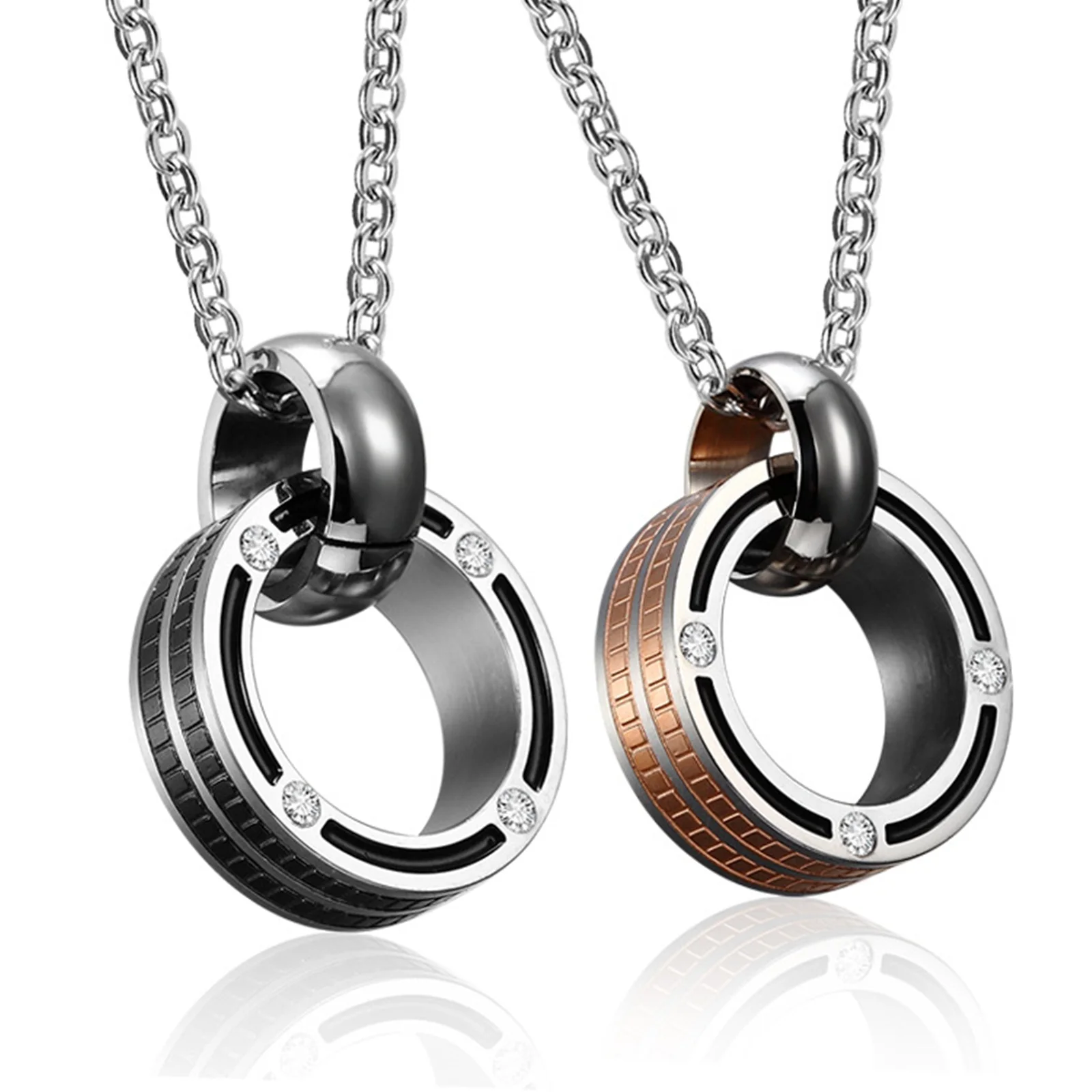 

Парные кольца, ожерелье, титановая сталь, подвеска, ожерелье для пары, простое двойное кольцо, кулон с цирконием, розовое золото