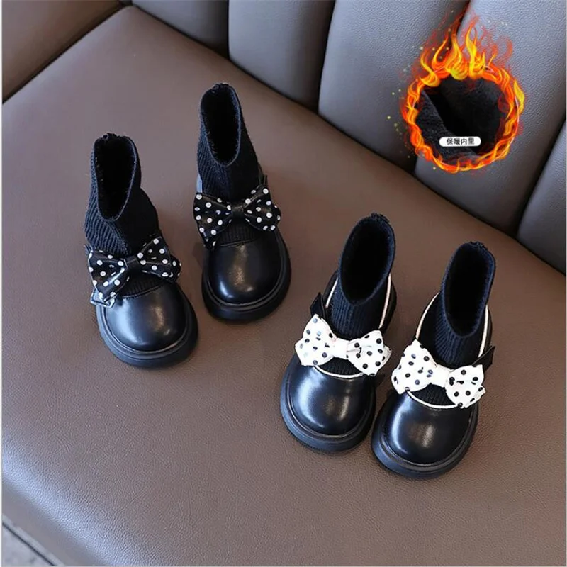 

Girls' short boots Autumn Winter Girls Fashion color matching Bow New plus cashmere Baby boots Soft sole Anti-slip warm boots