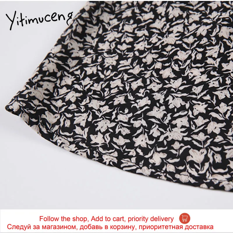

Yitimuceng Print Vintage Dress Women Black Spring 2021 Loose High Waist Long Sleeve O-Neck Office Lady French Fashion Clothing