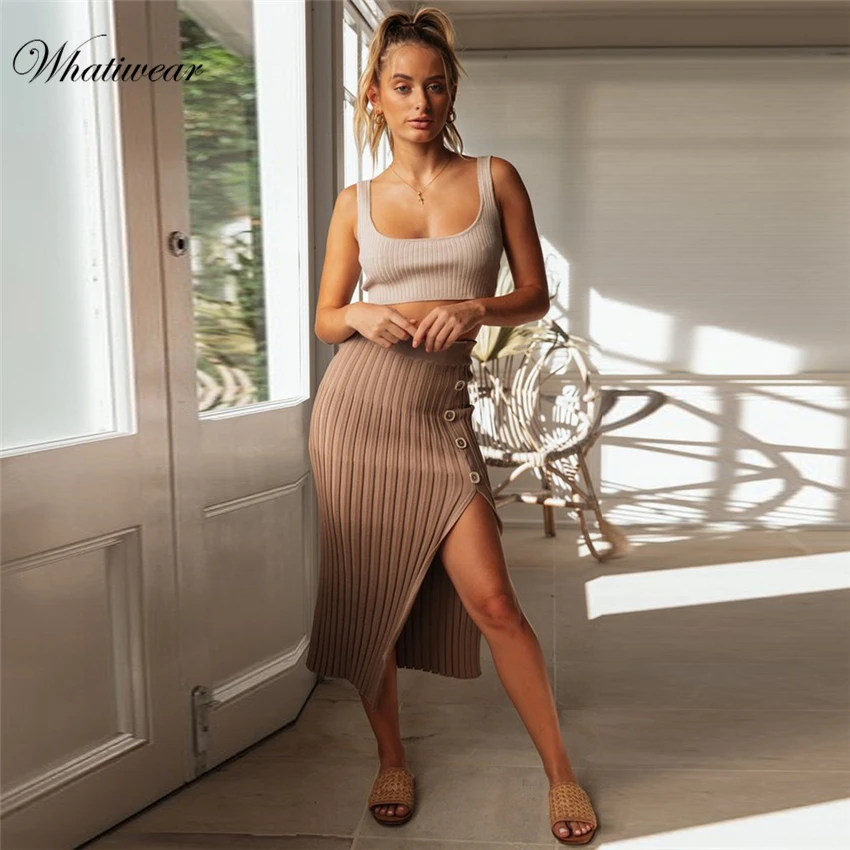 Whatiwear, одноцветная сексуальная юбка с разрезом, осенняя уличная мода, высокая талия, Повседневная Женская юбка, Офисная Женская юбка миди