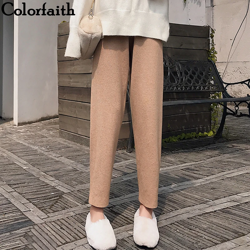 Colorfaith Новинка 2019 осень зима женские брюки вязание шерстяное высокая посадка на