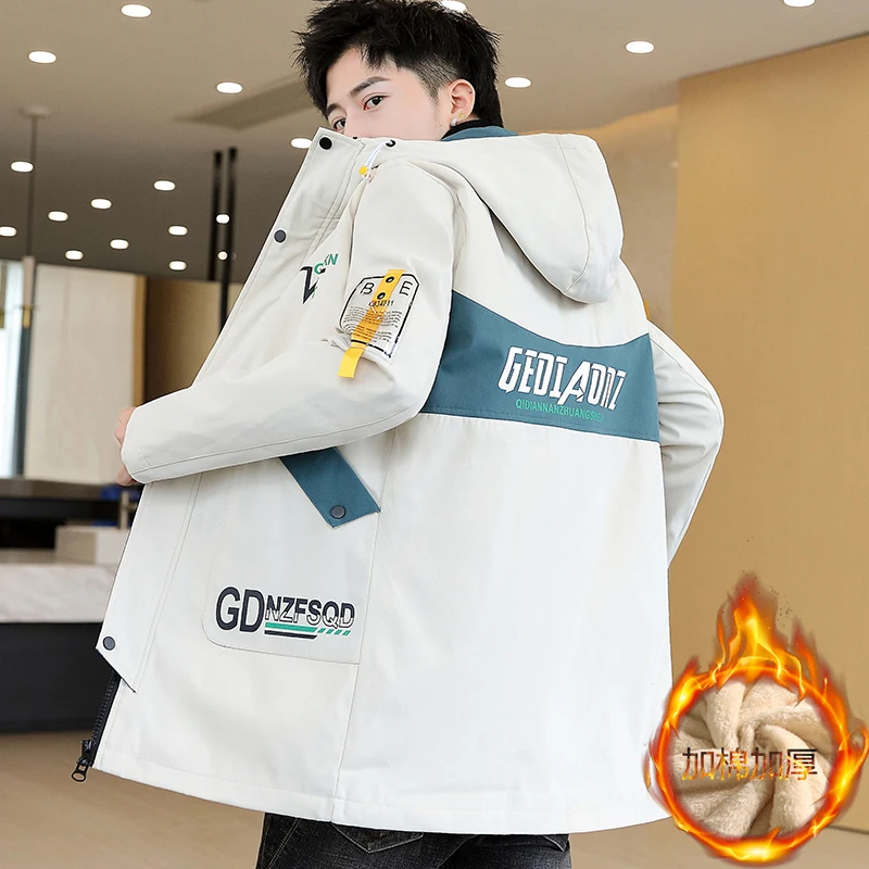 New Autumn Winter Mid-Long Length Fleece Hooded Jackets Men's Thick Warm Windbreaker Streetwear Plush Lining Tops Coat For Youth