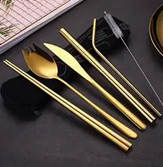 gold set Радужный Набор посуды 6 шт портативный набор столовых приборов металлическая соломинка с чистящей щеткой из нержавеющей стали цветной многоразовый набор посуды - Цвет: gold set