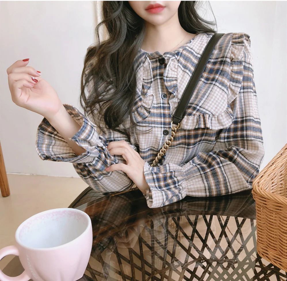 Клетчатая рубашка кардиган винтажные Женские топы с длинными рукавами блузка