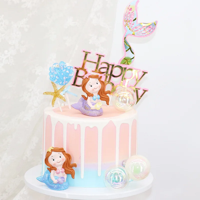 

Laser Starfish Seahorse Mermaid Tail Theme Happy Birthday Cake Topper Girl Kids Party Decoration Candy Bar Cake Decorating