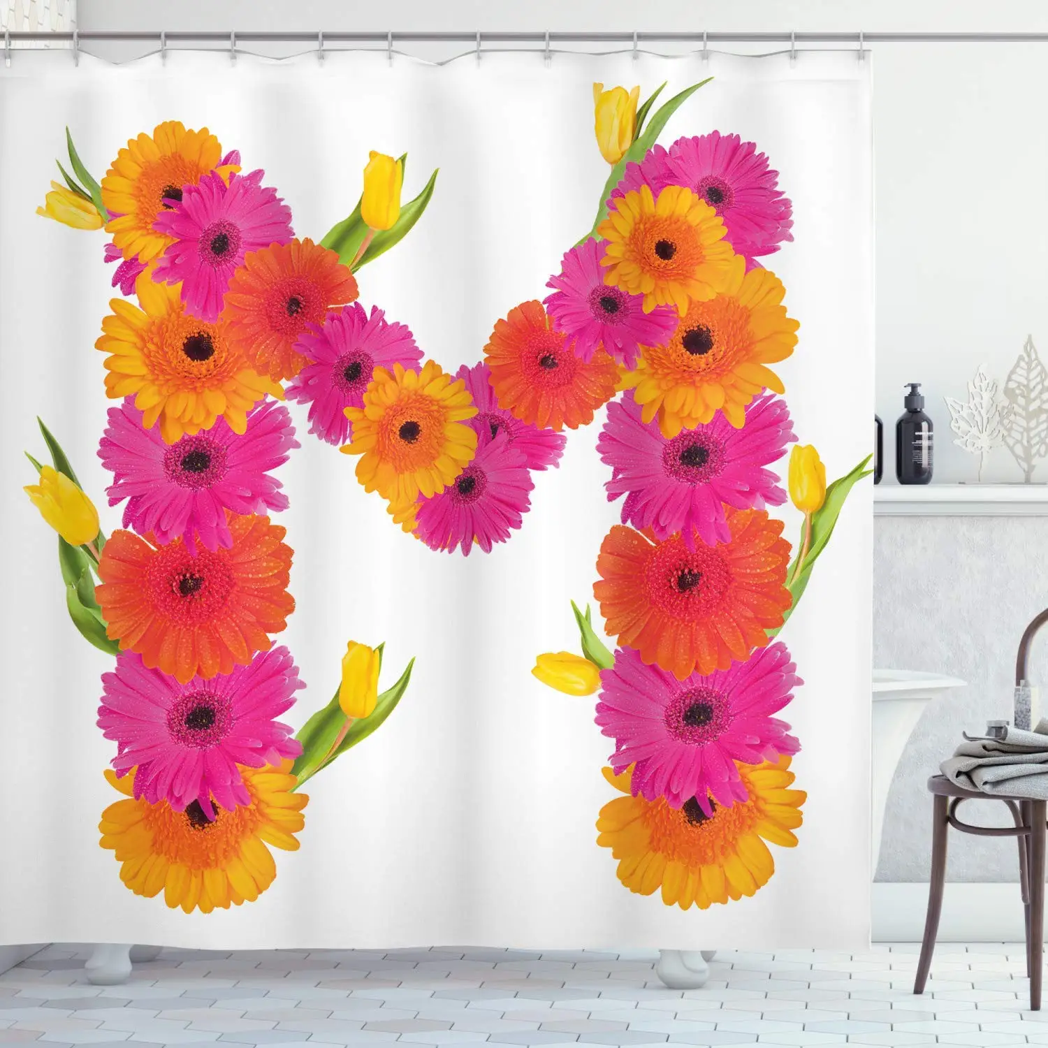 Буква М занавеска для душа розовый и оранжевый Гербера цветы тюльпаны в полный