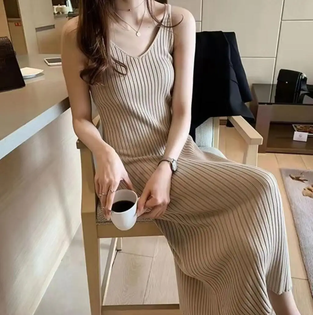 

Женское трикотажное платье-комбинация, эластичное облегающее элегантное Привлекательное платье-комбинация с V-образным вырезом, осень 2021