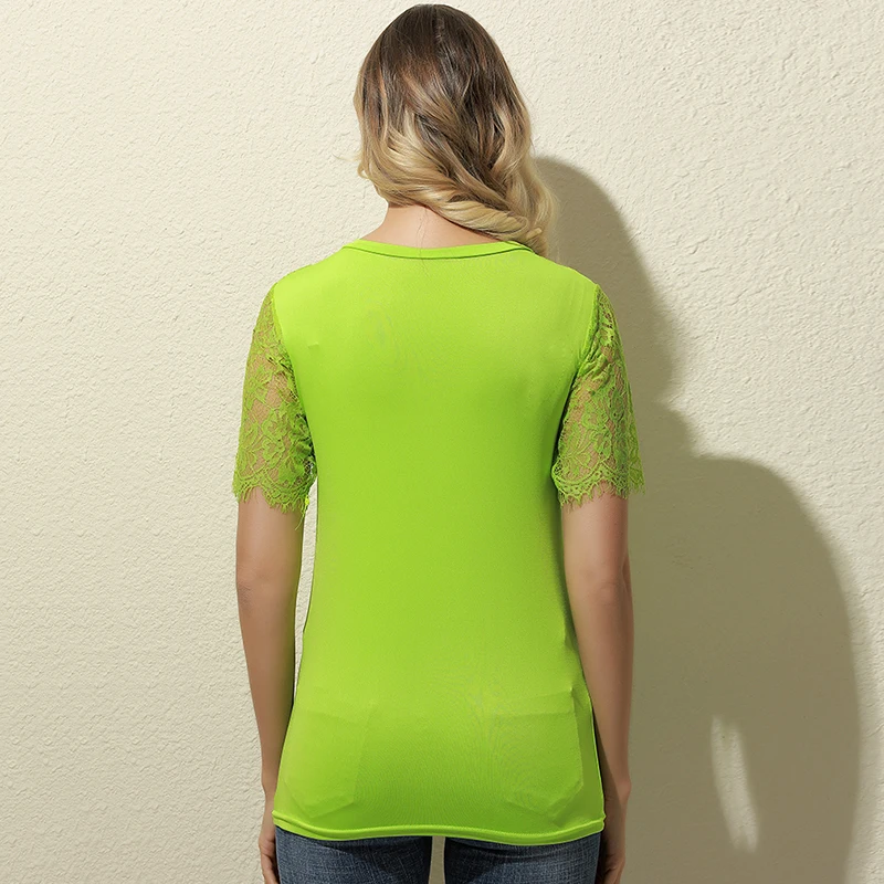 

Summer women's T Shirt New Casual Lace Patchwork V Neck Top Ladies Slim Loose Short Sleeved T Shirt