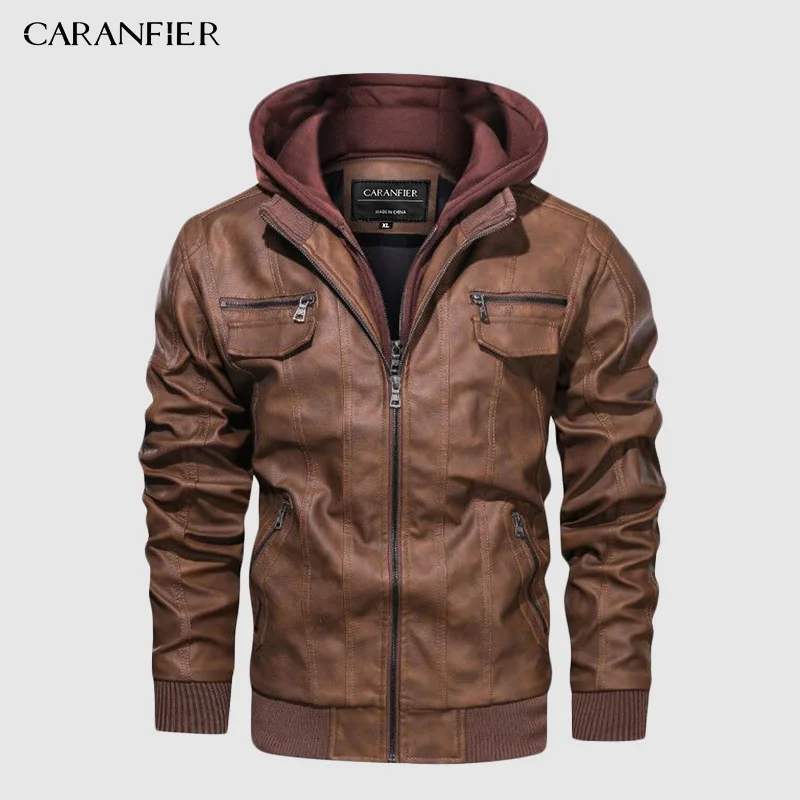 CARANFIER Brand 2020 PU Leather Jacket Mens Euro Size S-3XL Hooded Motorcycle Male Coats Drop Shipping | Мужская одежда