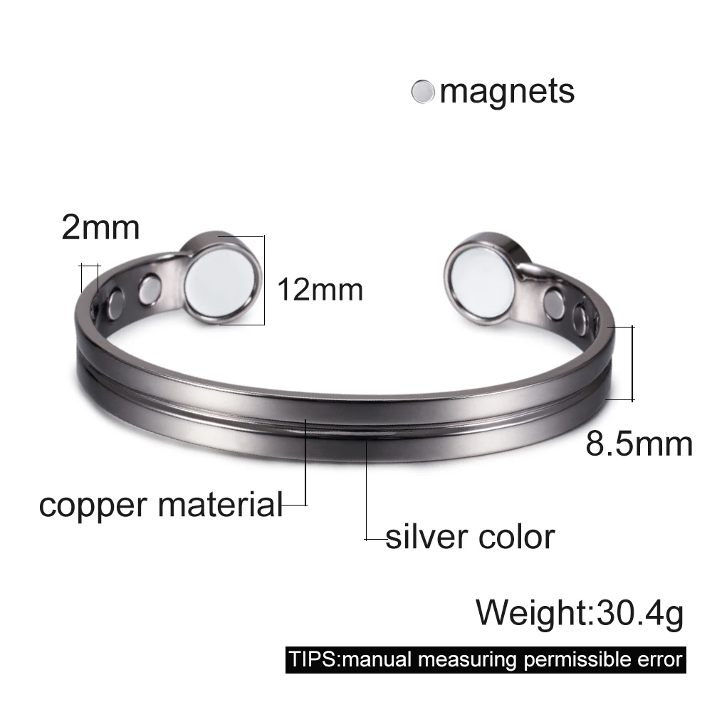 Vinterly Copper Bracelets for Women Silver Color Pure Copper Magnetic Bracelet Health Energy Adjustable Cuff Bracelets Bangles