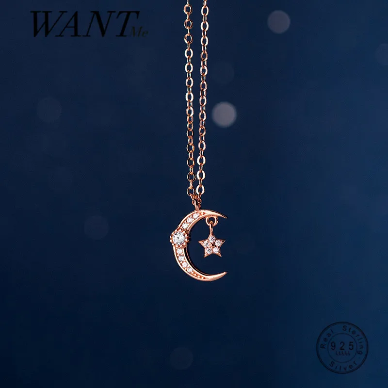 

WANTME Genuine 925 Sterling Silver Romantic Luxury Zircon Star Moon Pendant Clavicle Necklace for Women Fashion Wedding Jewelry