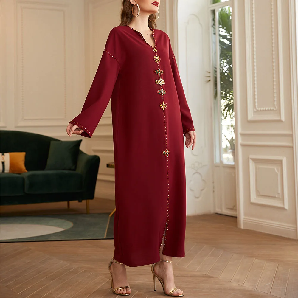 

Женское платье с длинным рукавом, однотонное повседневное длинное платье с V-образным вырезом, украшенное бусинами, Осень-зима 2021