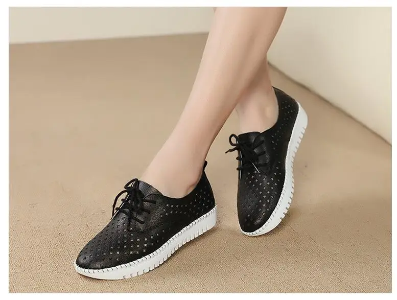 2021 summer new soft leather lace-up hollow breathable white shoes female flat-bottom casual pregnant women single shoes mother