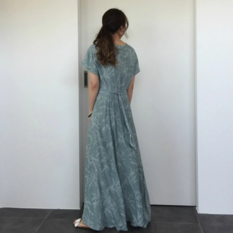 

Korea Sexy V Neck Flower Printing A- Line Super Long Shirt Dress Vintage Single Breasted Short Sleeve Sundress with Waistbelt