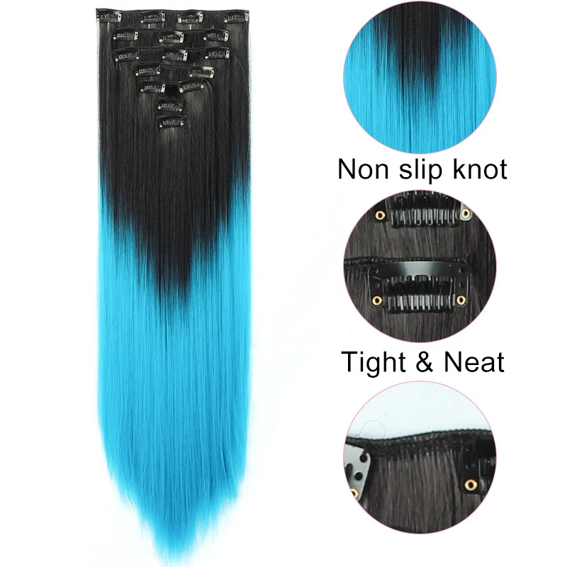 16 Clips Long Straight Synthetic Hair Extensions in High Temperature Fiber Black Brown Hairpiece Eunice |