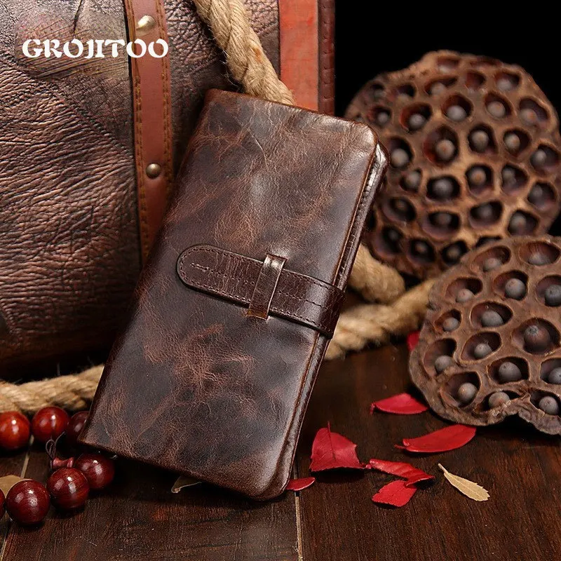 

GROJITOO Oil Wax Cowhide Leather Men's Long Wallet Leisure Long Wallet Large Capacity Multi Function Card Holder Mail Handbag