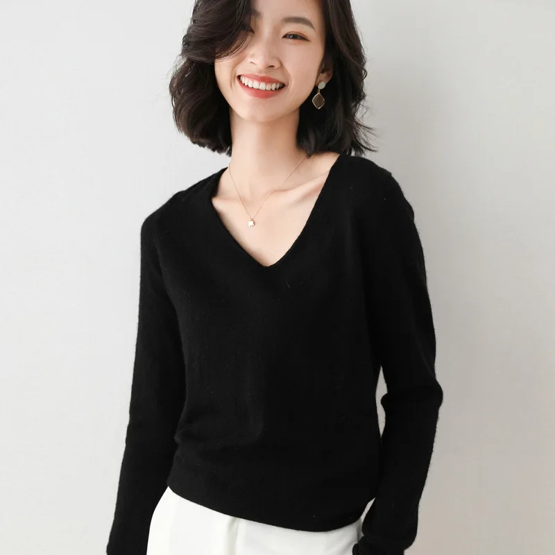 

RANMO Korean Fashion Women Knitted Sweater Winter Long Sleeve Sexy V Neck Casual Jumper Pullover Female Slim Cotton Sweaters Top