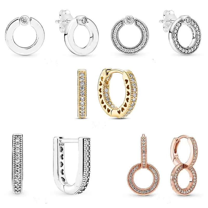 

Pave Logo Circle Reversible Stud Earring 100% Real 925 Sterling Silver U Shaped Earrings For Fashion Women Jewelry Gift