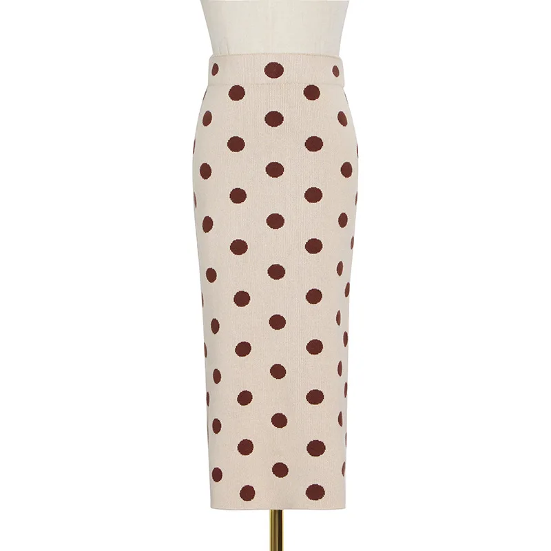 

Korean version of winter new fashion temperament wave point split in thin knit hip long knit skirt