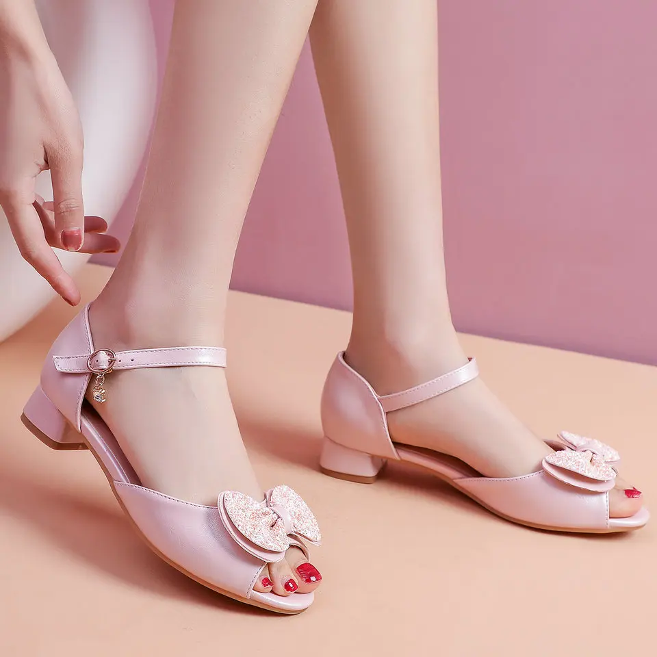 

COOLULU Women Peep Toe Sandals Glitter Fashion Low Block Heel Sandals Ankle Strap Pumps Bowtie Ladies Sweet Pumps Size 32-39