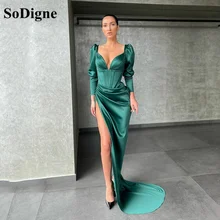 SoDigne – robe de soirée en Satin vert foncé, style sirène, manches longues, col en V, Sexy, fendue sur le côté, robes d'occasion pour femmes  (4)