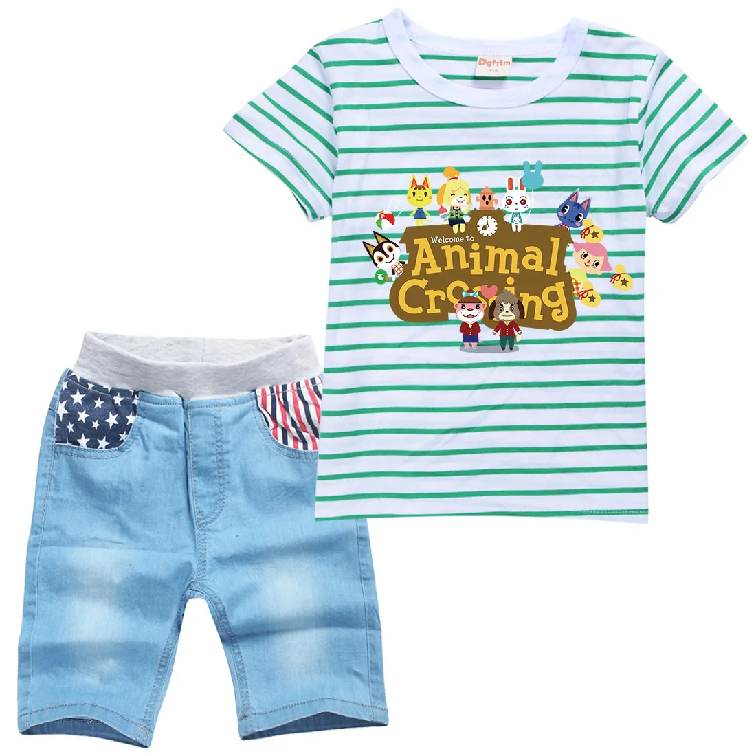 

Animal Crossing Children's Clothing Toddler Girls Stripe Short-sleeved T-shirt+Denim Shorts 2pcs Sets Baby Boys Summer Clothes