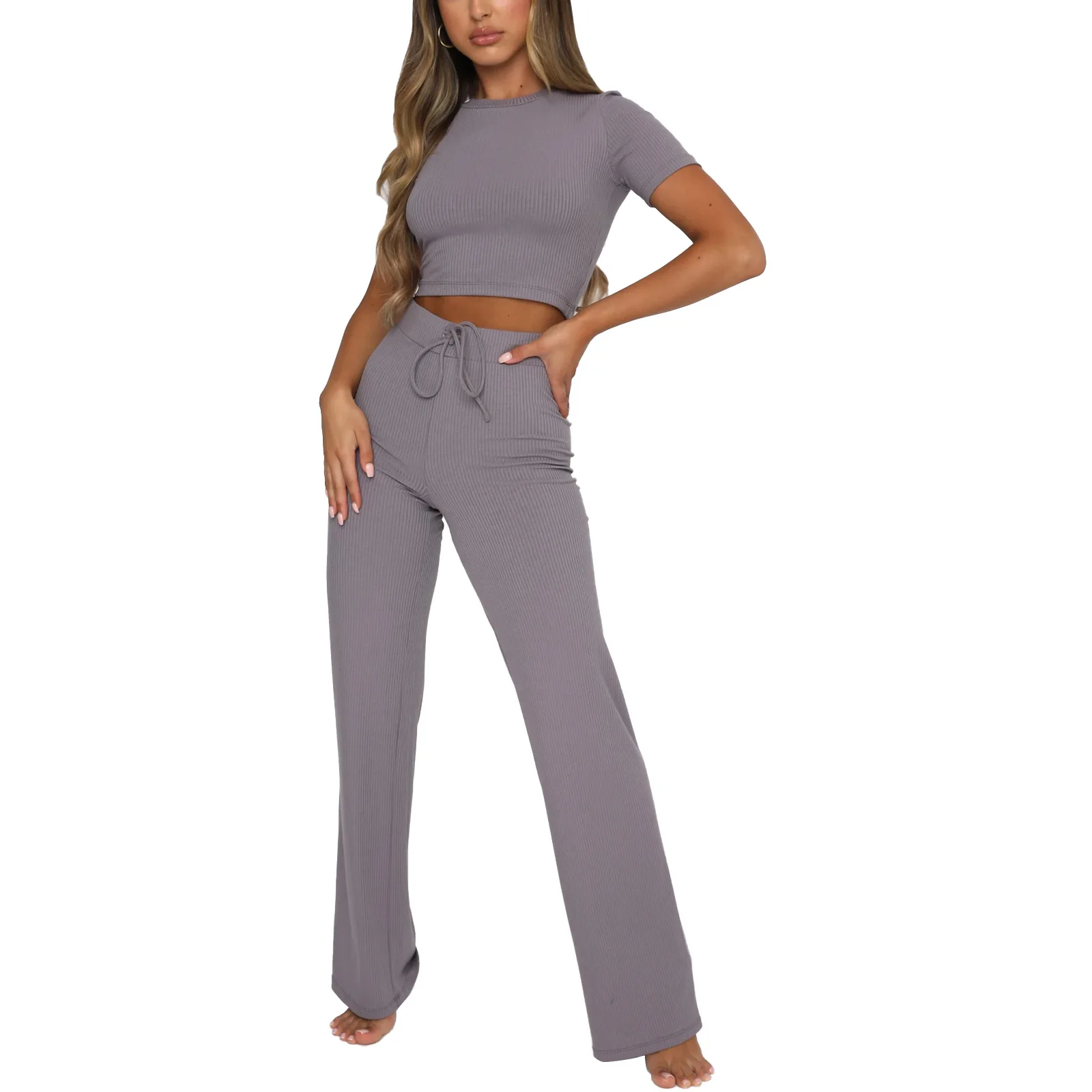 

Female Trousers, Solid Color High Waist Straight-Leg Pants with Drawstring for Spring Fall, S/M/L/XL