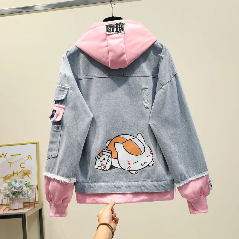 

Hooded Denim Jacket Women's 2021 Spring Autumn New Korean BF Loose Versatile Student Cartoon Print Jacket Harajuku Cowboy Coat