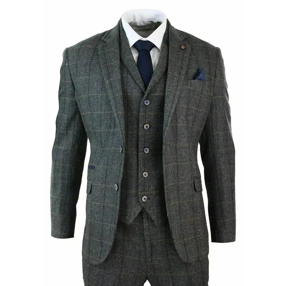 

Classic Mens 3 Piece Wool Tweed Herringbone Check Grey Navy Slim Fit Grooms Tuxedos Business Jacket Vest Pants Wedding Suits