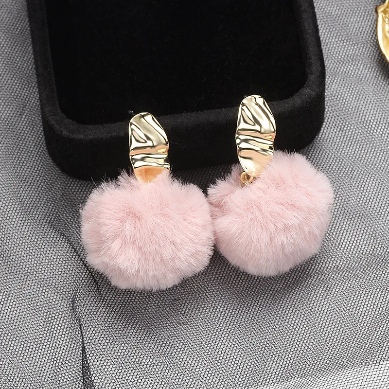 3cm Faux Rabbit Fur Pendent Pompom ball Stud Earrings Metal earring for Girl Jewelry | Украшения и аксессуары