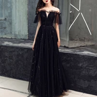 v neck off the shoulder lace up backless black illusion 2020 women summer sexy a line long elegant evening party dress