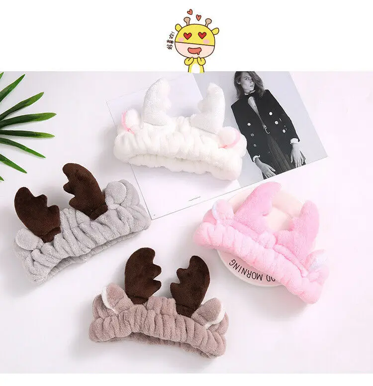 Cute Spa Bath Shower Makeup Wash Face Bow Headband Coral Fleece Hair Band Christmas Antler Headbands | Дом и сад