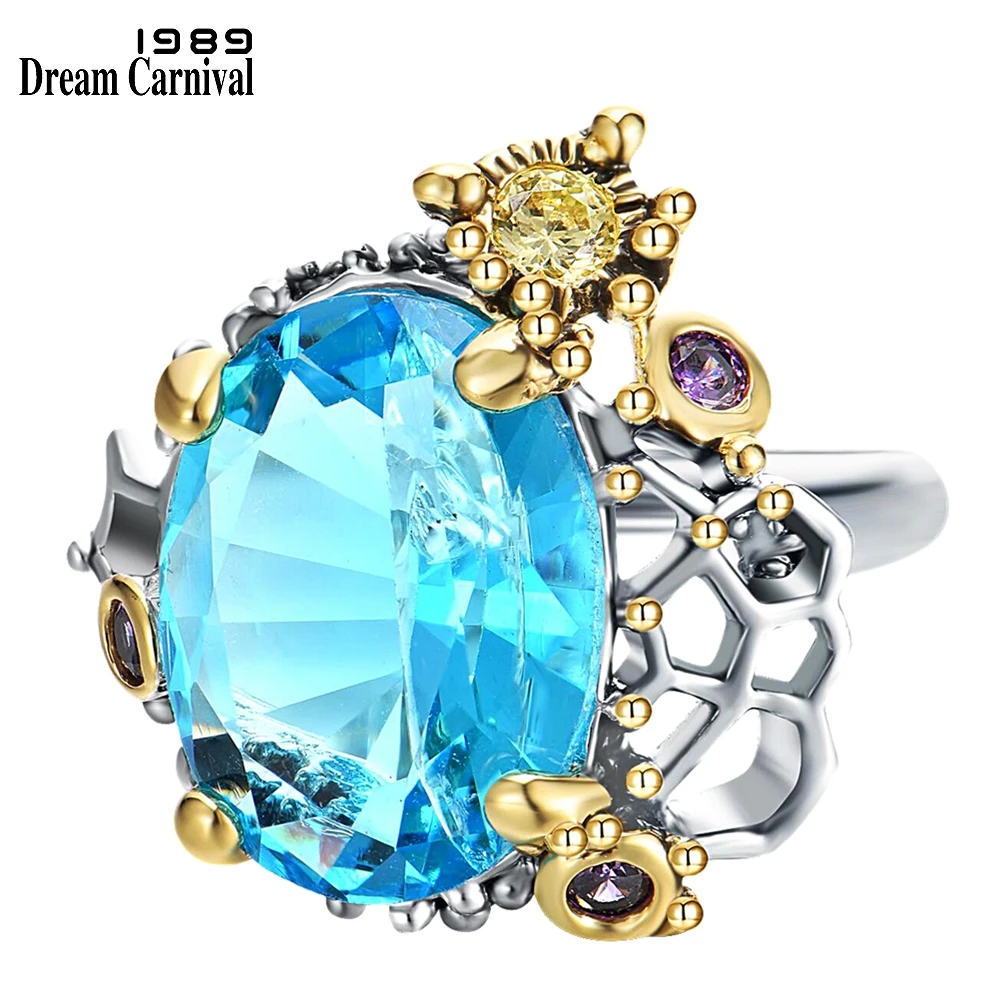 DreamCarnival 1989 Baroque Blue Zircon Wedding Rings for Women Big Radian Cut CZ Anniversary Must Have Fashion Jewelry WA11689BL