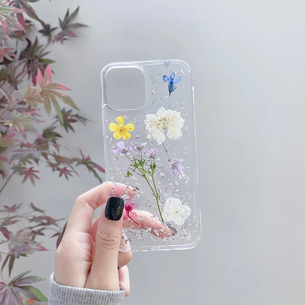 

Fashion Glitter Real Dry Pressed Flower Phone Case for iphone 12 11 Pro Max X XS XR SE 2020 7 8 Plus Soft Clear Silicone Cover