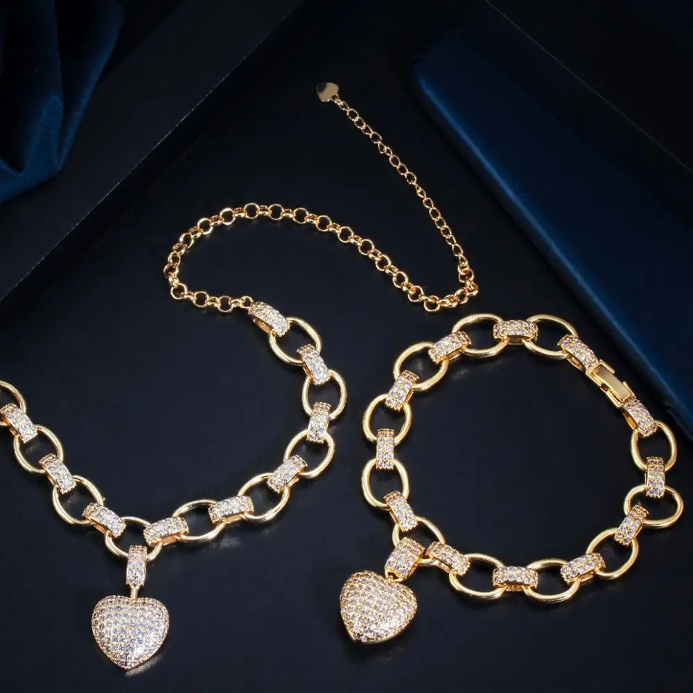 CWWZircons 585 Gold Color Cubic Zirconia Dangle Love Heart Shape Charm Bracelet Pendant Necklace Women Costume Jewelry Set T468 | Украшения