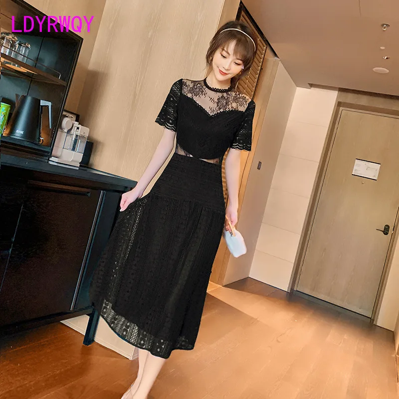 

2021 summer new cross-border women's round neck see-through waist hollow open waist lace sweet and spicy style dress