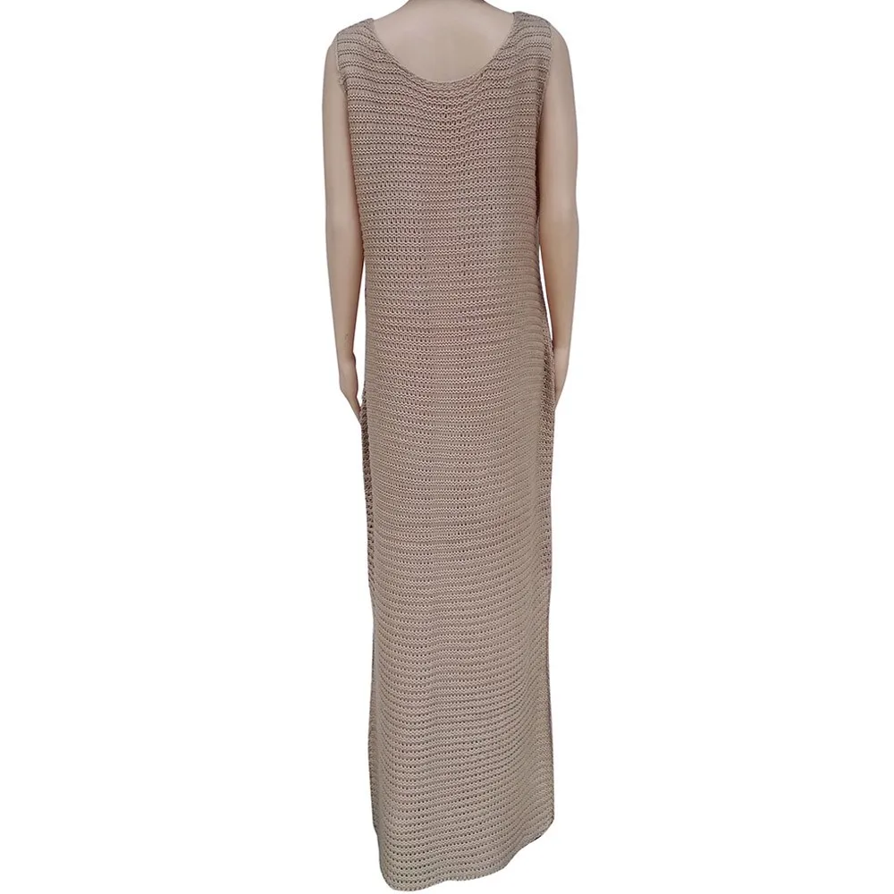 Летнее платье макси женское модное пляжное без рукавов с круглым вырезом вязаное