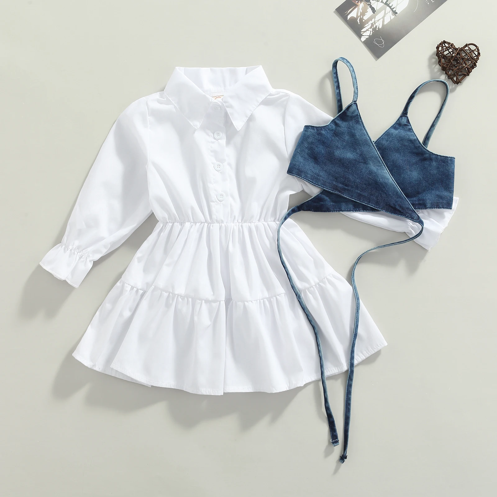 

Lioraitiin 1-6Years Toddler Baby Girl 2 Pcs Solid Color Outfits Button-down Long Sleeve Lapel Dress Vest Fashion Clothing Set