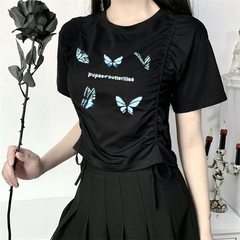 

Для женщин короткий топ с рюшами взрослые сексуальные "Бабочки" футболка с коротким рукавом и круглым вырезом сбоку шнурок y2k футболки harajuku ...