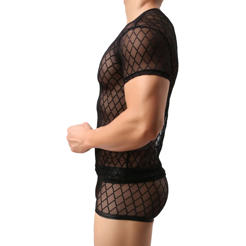 Сексуальное мужское нижнее белье прозрачная сетчатая рубашка с коротким рукавом
