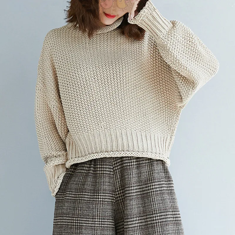 Размера плюс Свитеры с высоким воротом женские осень-зима в винтажном стиле С