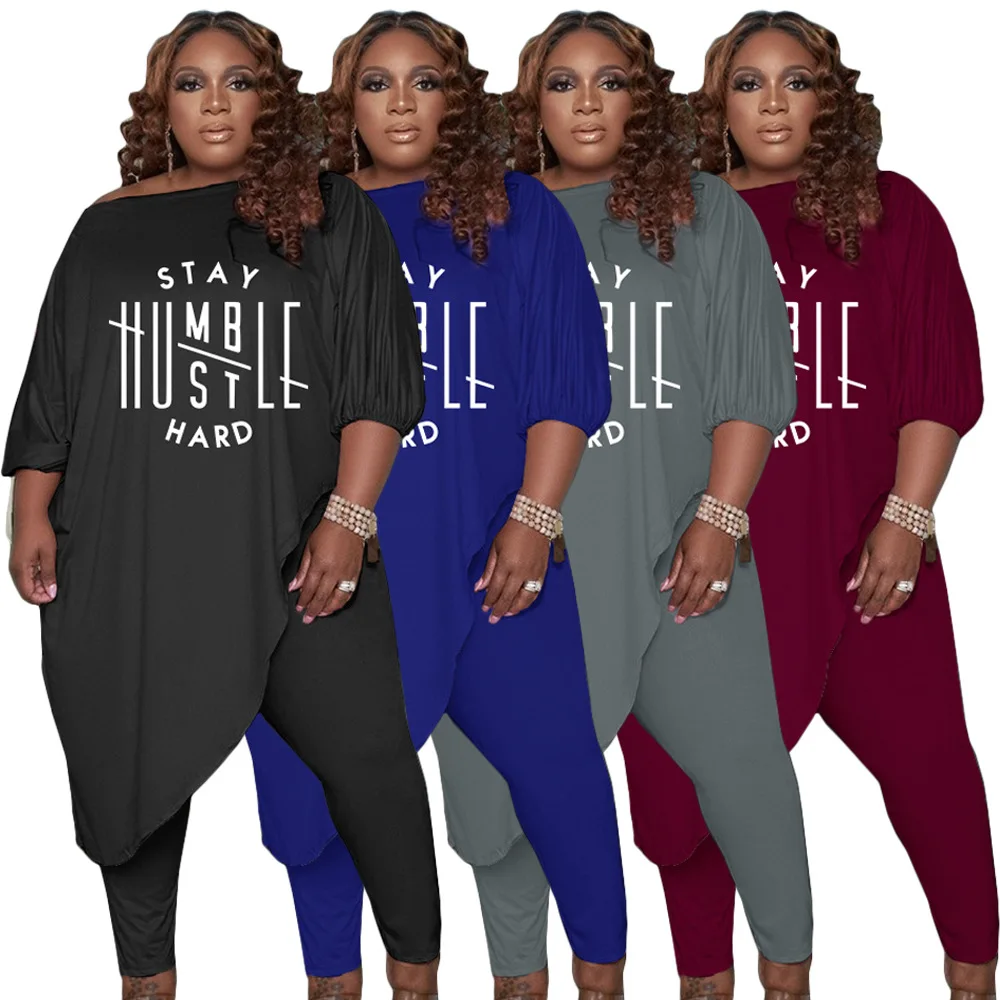 

Размера плюс свободный спортивный костюм с буквенным принтом, асимметричный комплект из 2 предметов, Женский X-Длинный топ + длинные узкие шт...