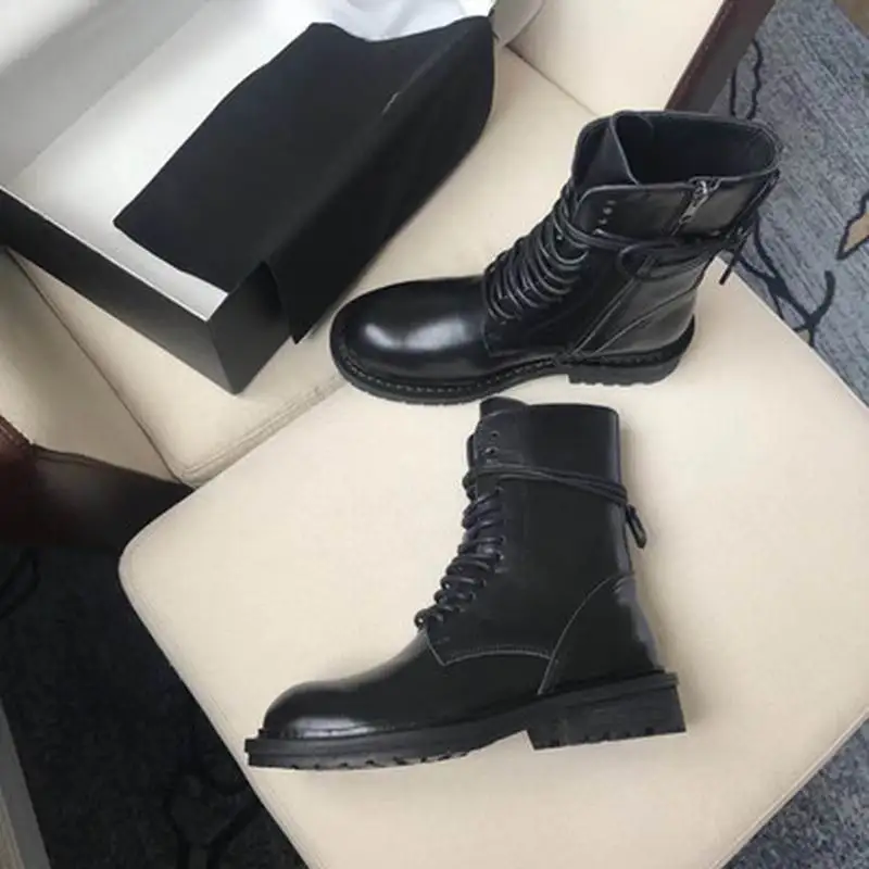 Boots women 2019 autumn and winter leather front rear straps retro round head Martin boots flat bottom with a tube wom |