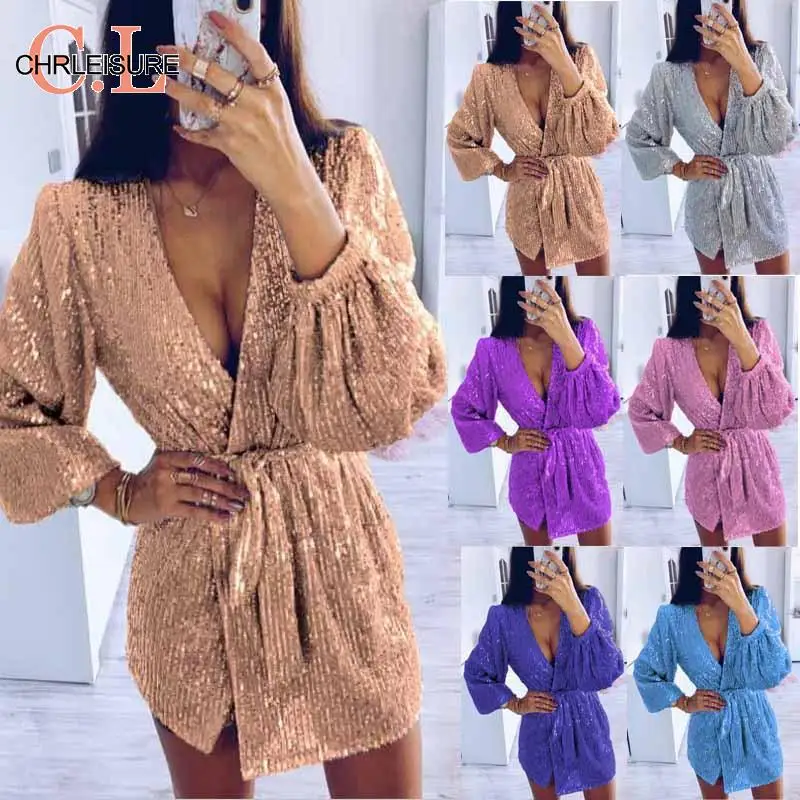 CHRLEISURE зимнее сексуальное платье с блестками женское длинный рукав облегающее