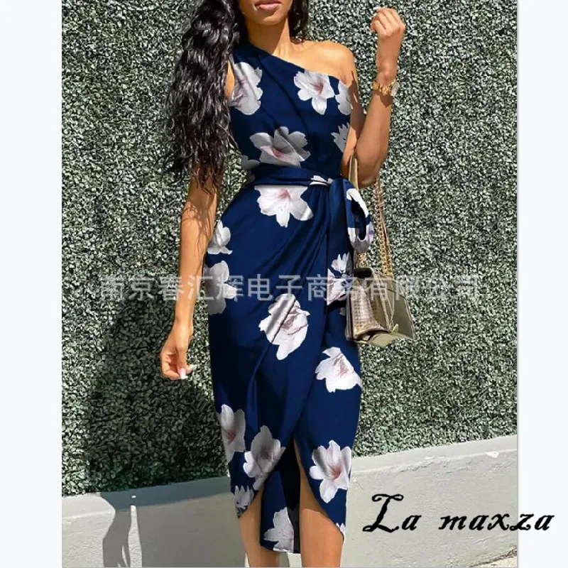 

2020 Fashion Elegant Print Women Slim Dress Casual One Shoulder Sleeveless Women Long Dress